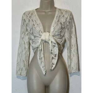 Ivory Sheer Lace Shrug Women M Open Front Tie 3/4 Sleeve Bolero Boho Layering